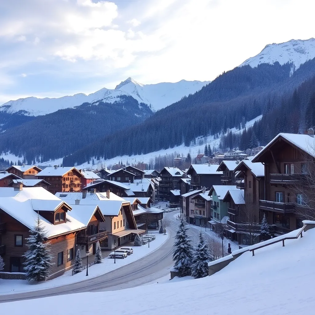 Kaprun village in winter snow Austria, cosy Alpine ski resort town with Kitzsteinhorn mountain behin