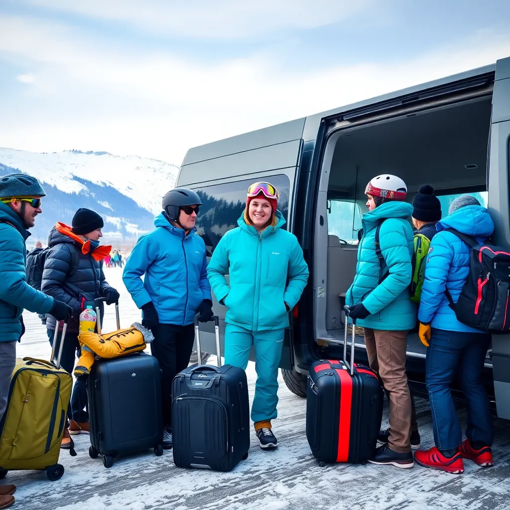 large group of ski friends with equipment at Salzburg Airport, loading into minibus transfer vehicle