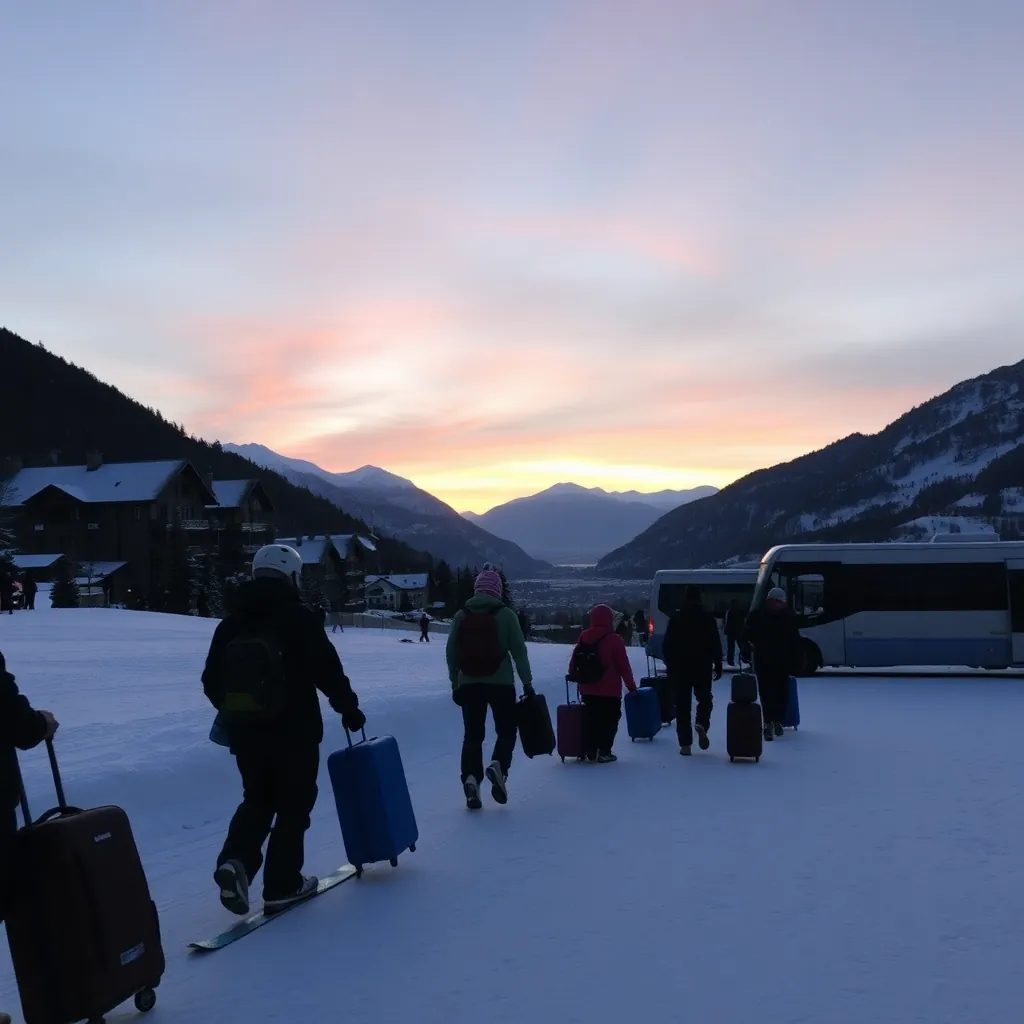 Zell am See ski resort on last day of ski holiday, skiers with luggage heading to transfer vehicle, 
