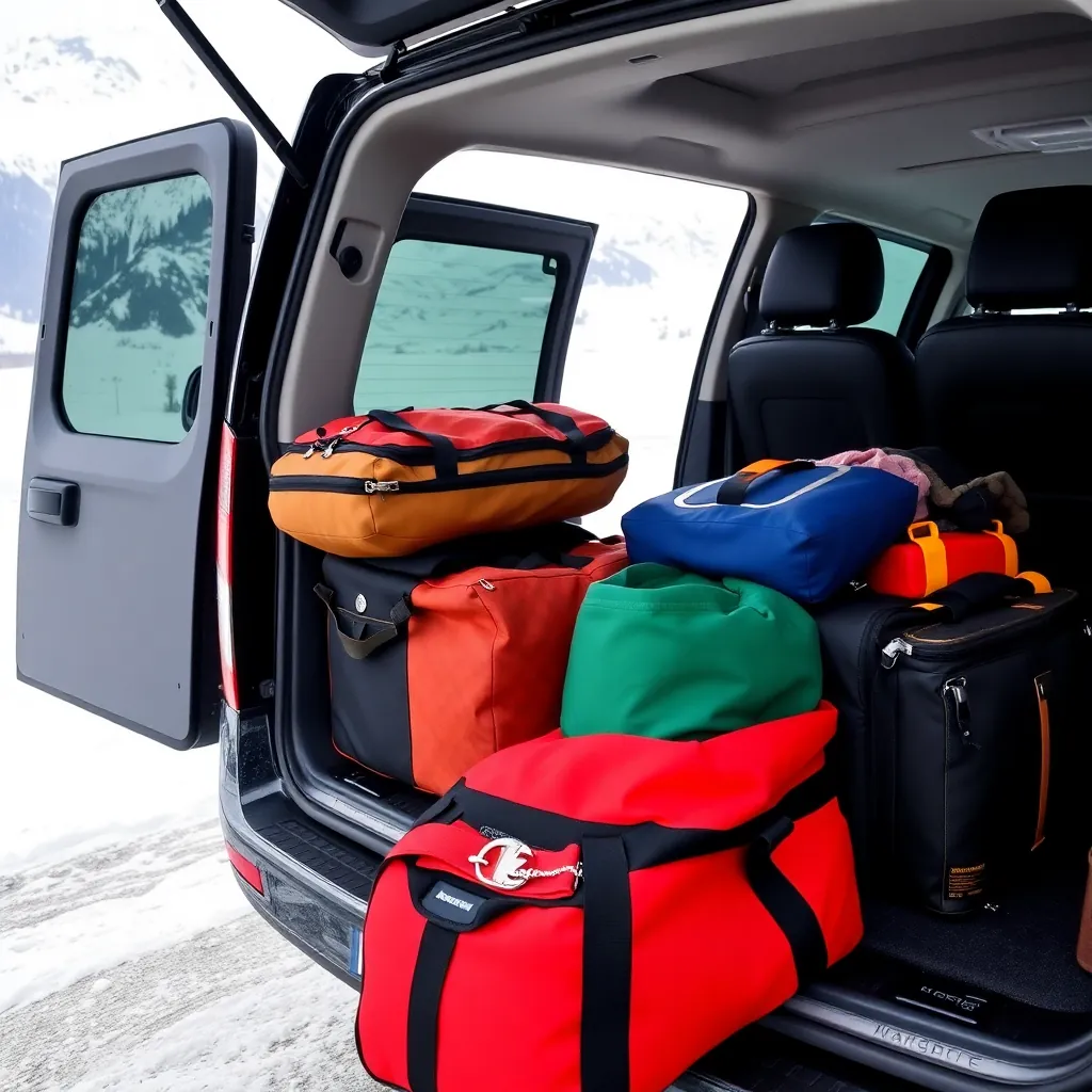ski equipment being loaded into luxury transfer vehicle, ski bags and boot bags, Austrian alps, priv