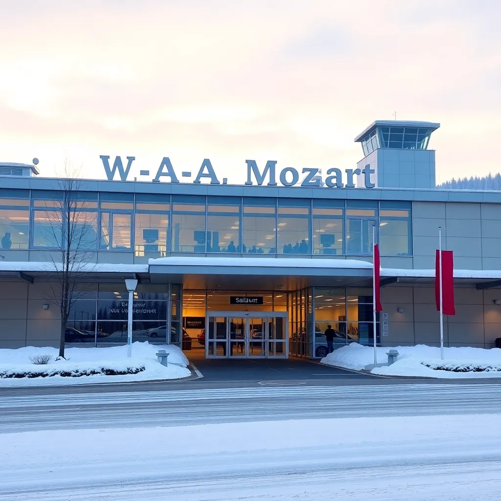 Salzburg Airport W.A. Mozart airport exterior in winter, modern building with snow, departure entran