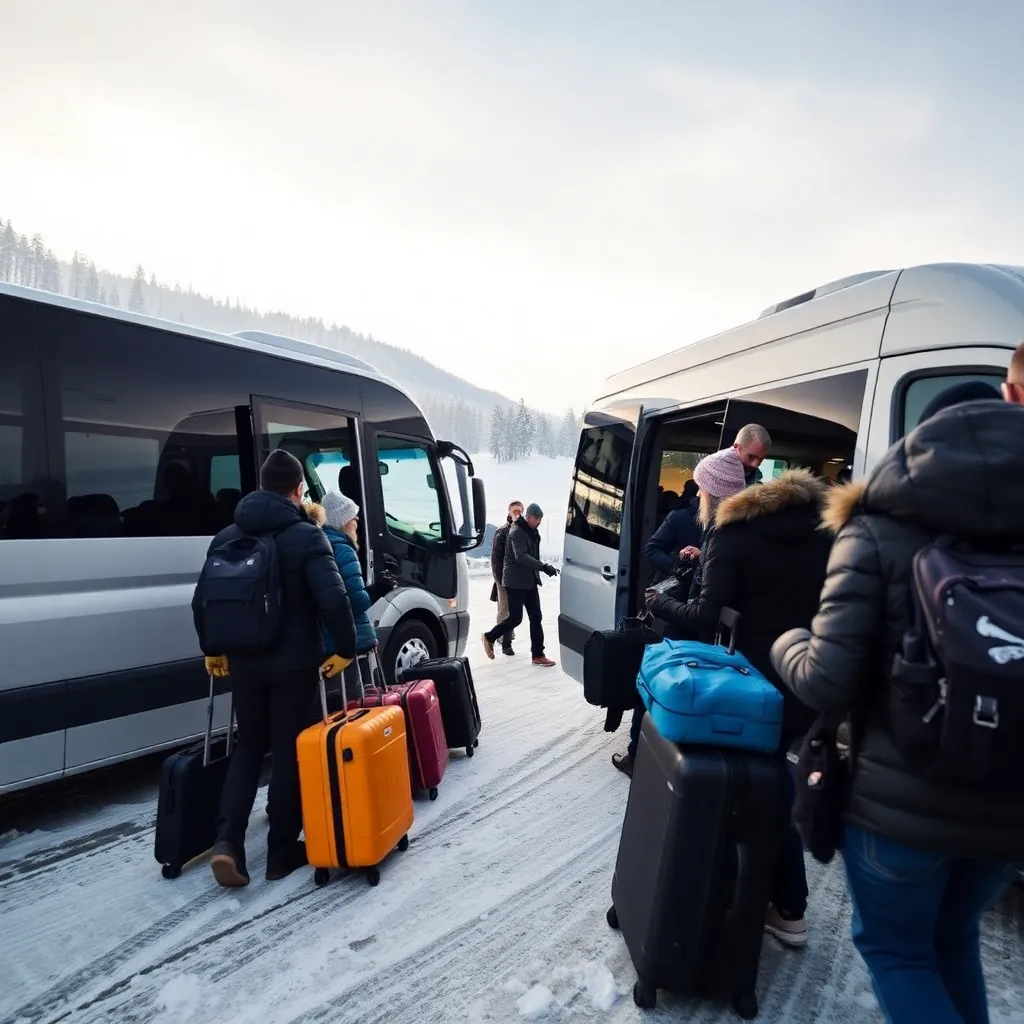 Shared shuttle bus for the Salzburg Airport to Zell am See route, travellers loading luggage and skis
