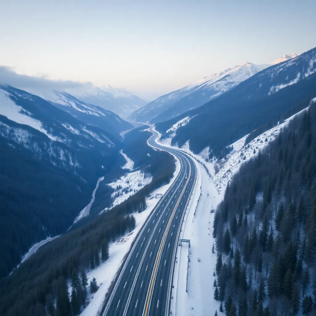 aerial drone view of A10 Tauern motorway cutting through Austrian Alps in winter, snow covered mount