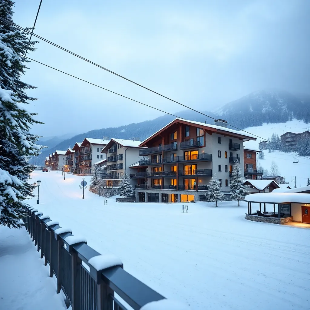 Schüttdorf district Zell am See with ski gondola and modern ski apartments in winter snow, Austria