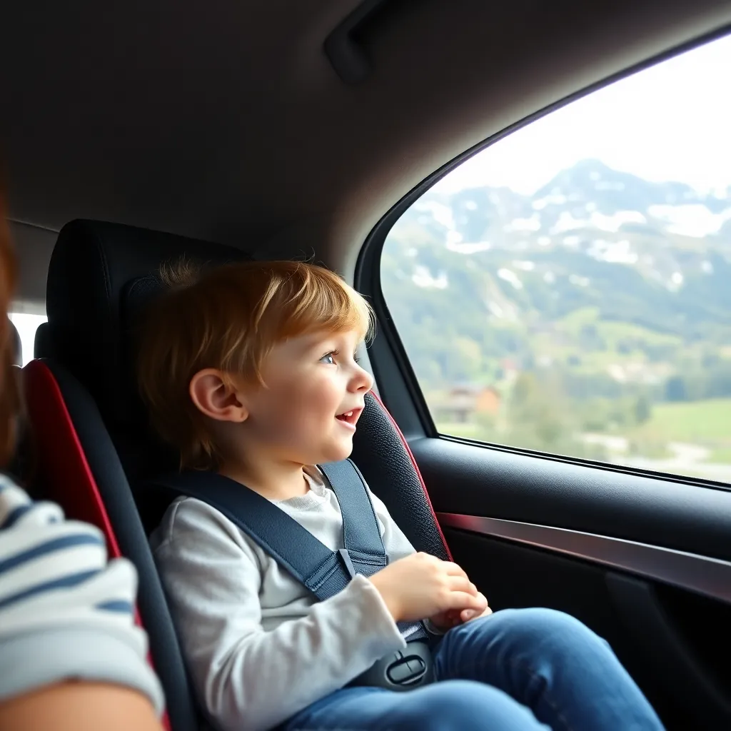 child in car seat in luxury family transfer vehicle, happy child looking out window at alpine scener