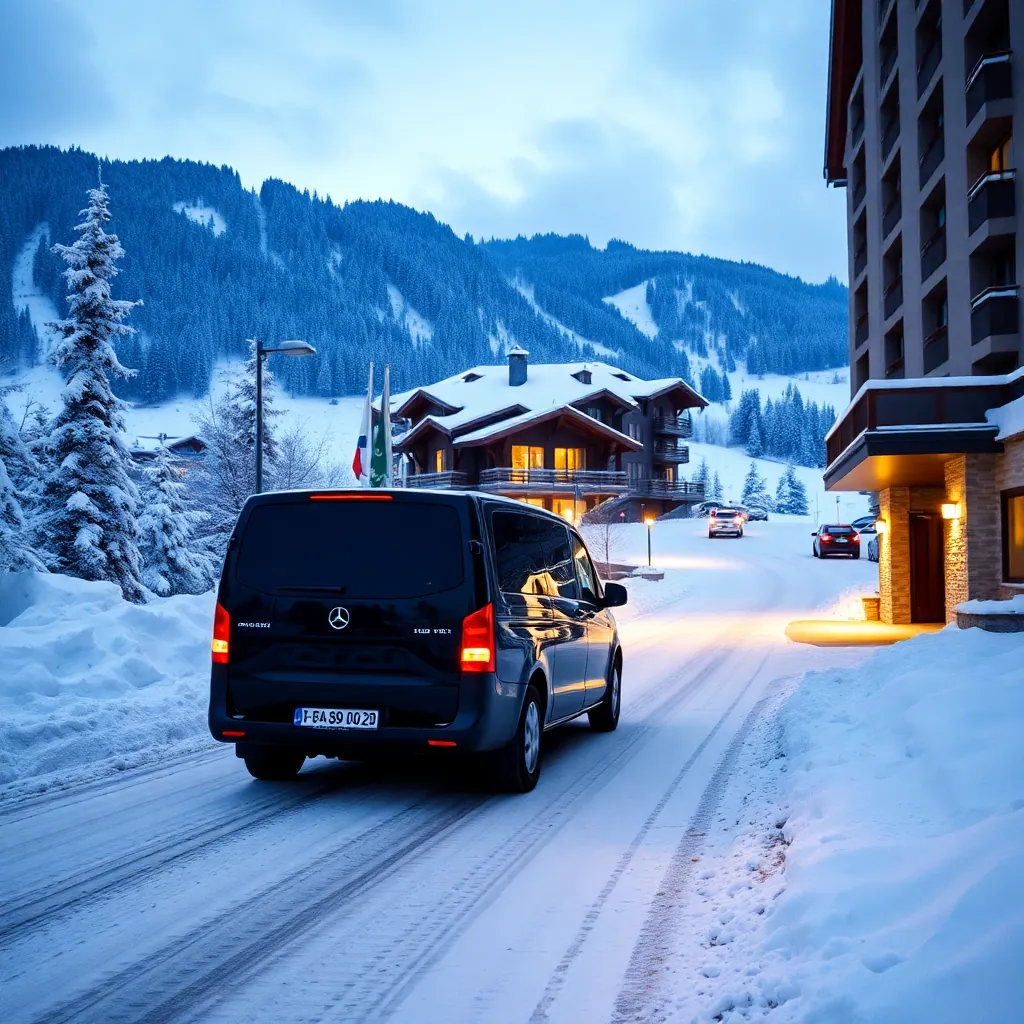 private transfer arriving at a hotel entrance in Zell am See on an alpine road