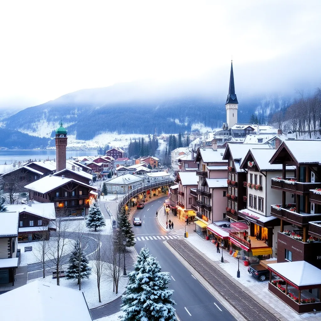 Zell am See town centre in winter, snow-covered streets, lakeside Alpine village, Austrian ski resor