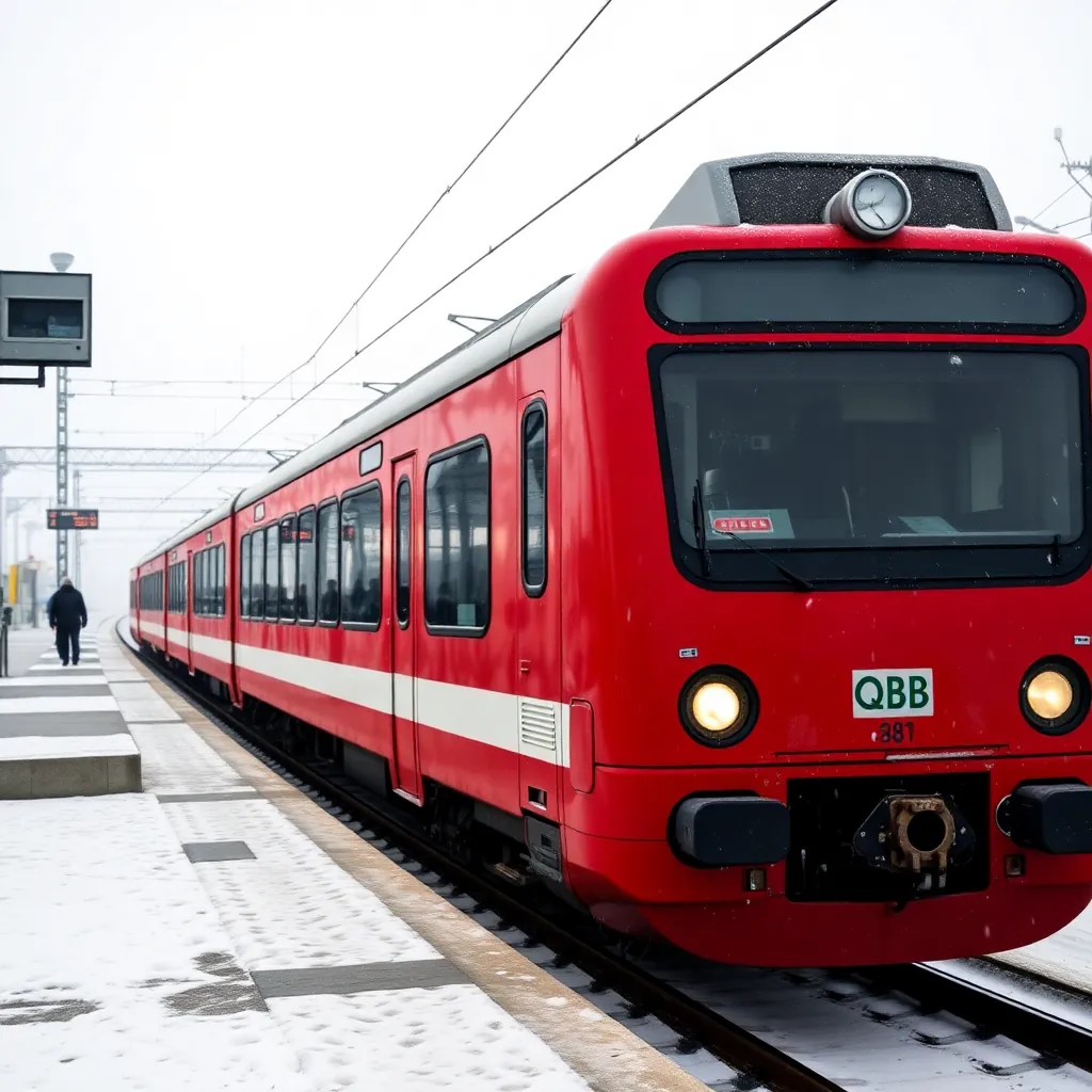 ÖBB Austrian train at Salzburg station in winter, red train on snowy platform, cold morning atmosphe