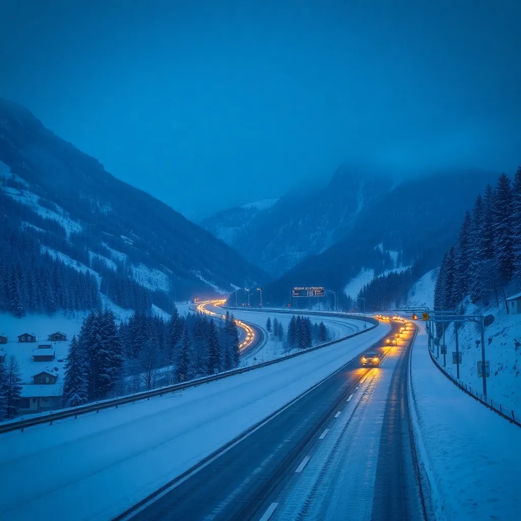 A10 Tauern motorway in winter Austria, snowy alpine highway through mountain pass, dramatic winter d