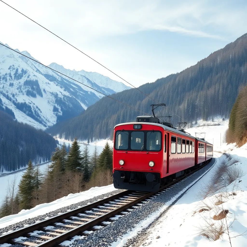 Austrian mountain train on Pinzgau narrow gauge railway through snowy alpine valley, red train, scen