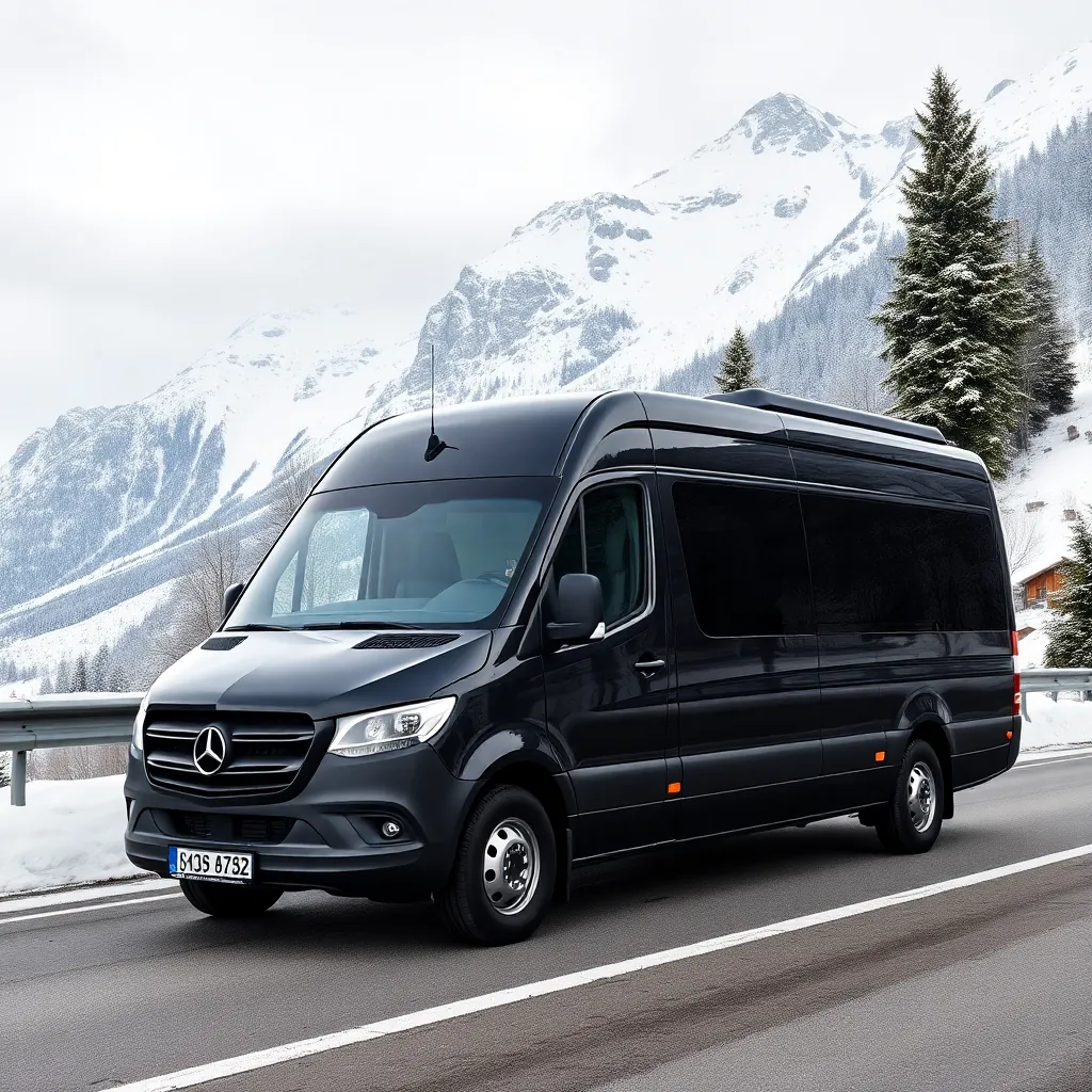 Mercedes Sprinter minibus exterior side view on alpine road in Austria, black luxury minibus, snowy 