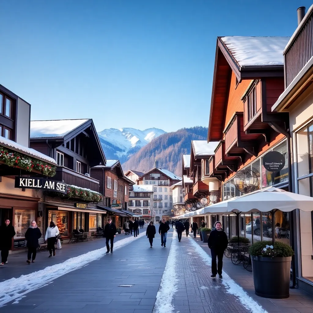 Zell am See town centre pedestrian area in winter, snow on ground, Alps backdrop, cosy Austrian vill