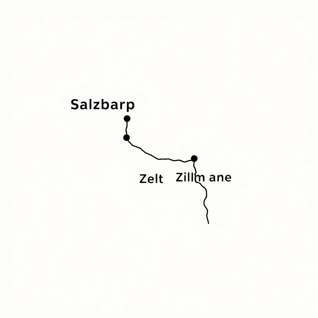 minimalist monochrome stylized map illustration of the highway route from Salzburg Airport SZG to Ze