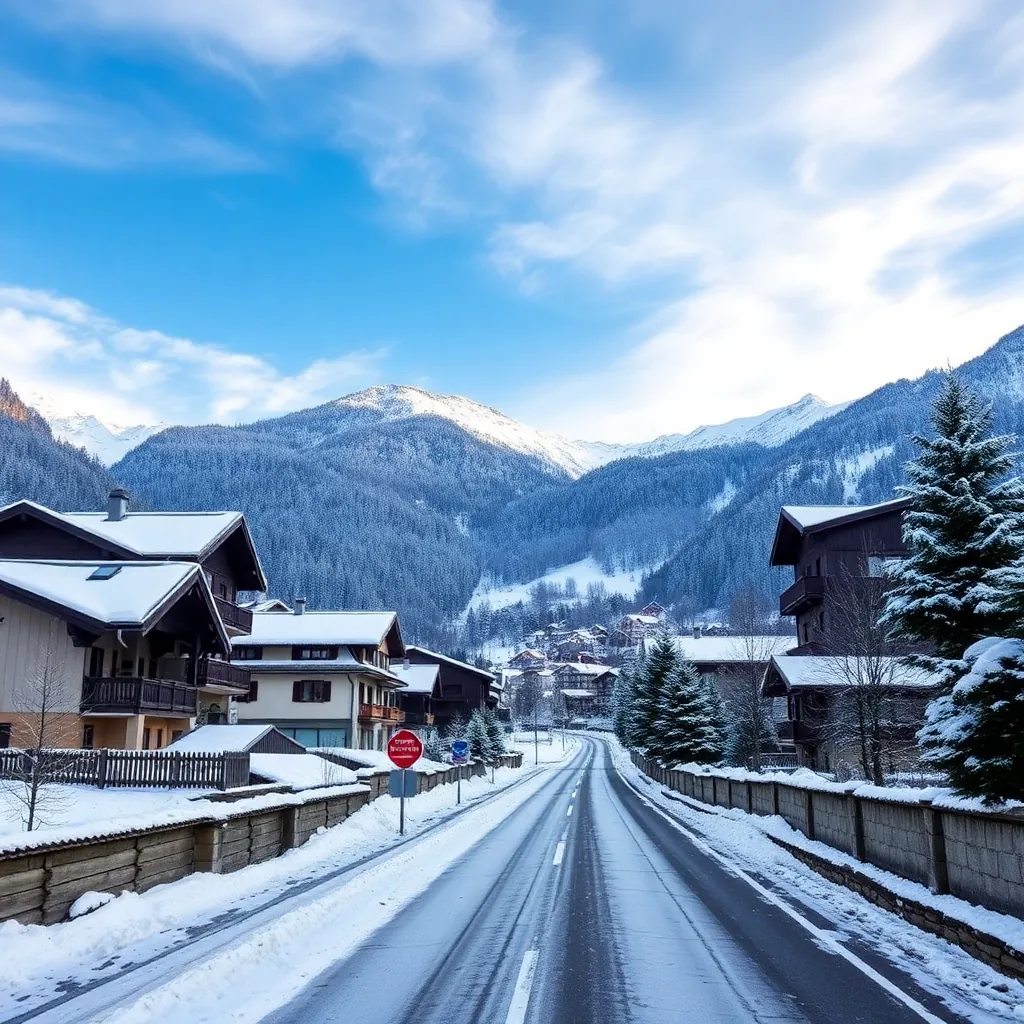 Austrian alpine village near Zell am See with snowy mountains, quiet road leading to ski resort, win