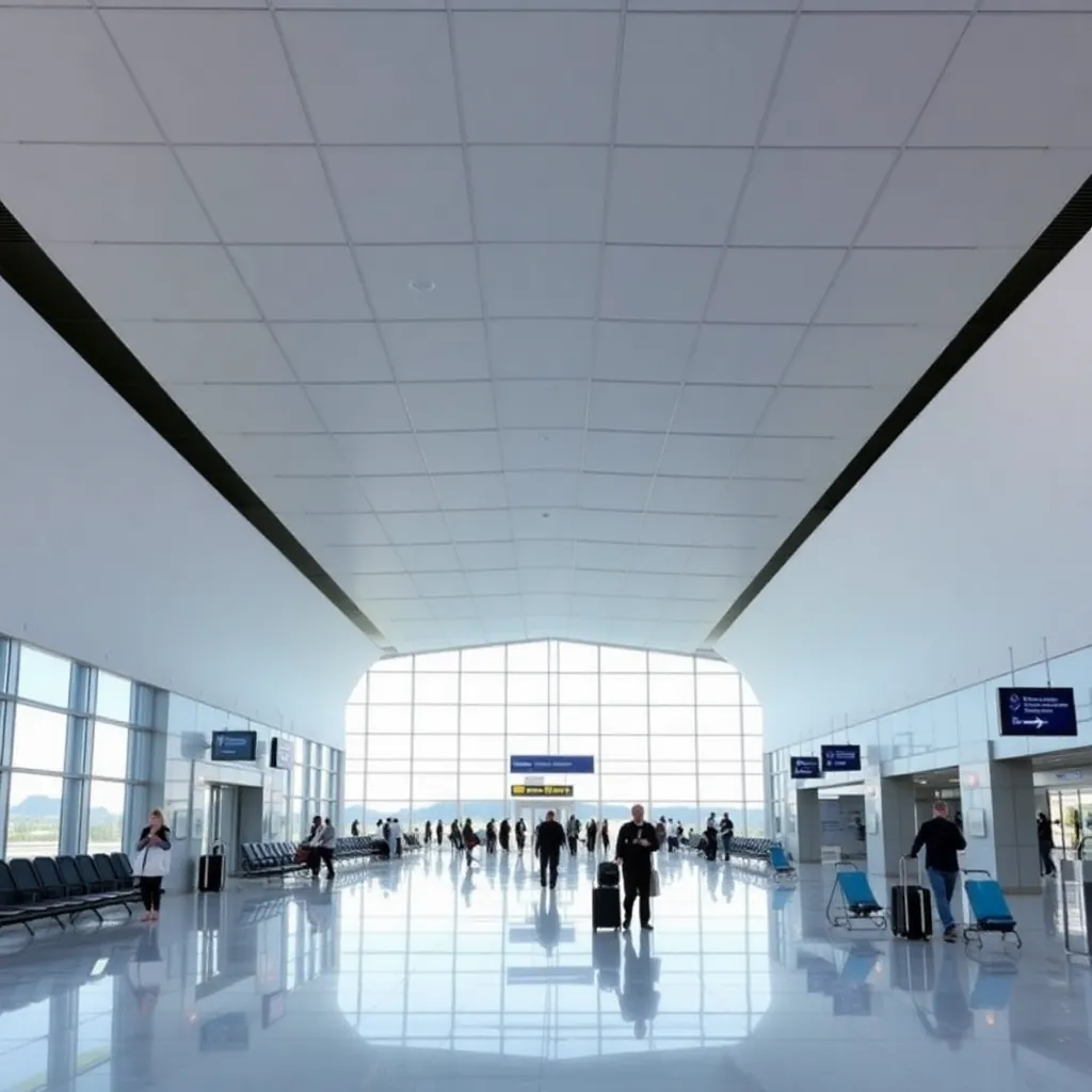 Salzburg Airport terminal interior, arrivals hall, modern airport architecture, Austria